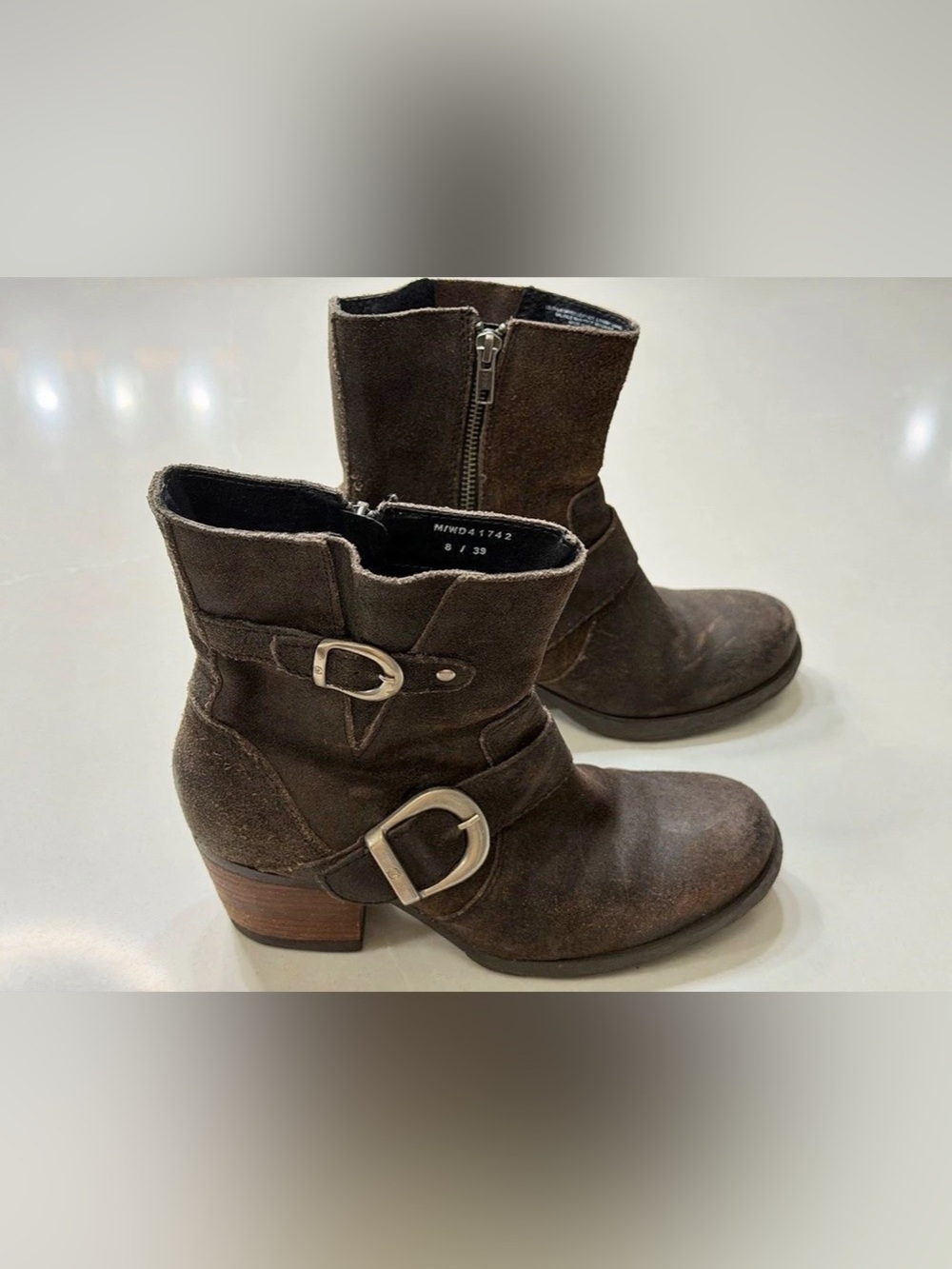 Born Dark Brown Suede Leather Moto Ankle Boots Stacked Block Heel 8 / 39